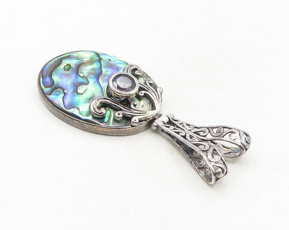 925 Sterling Silver  Vintage Abalone & Garnet Split Swirl Bail Pendant  PT7707