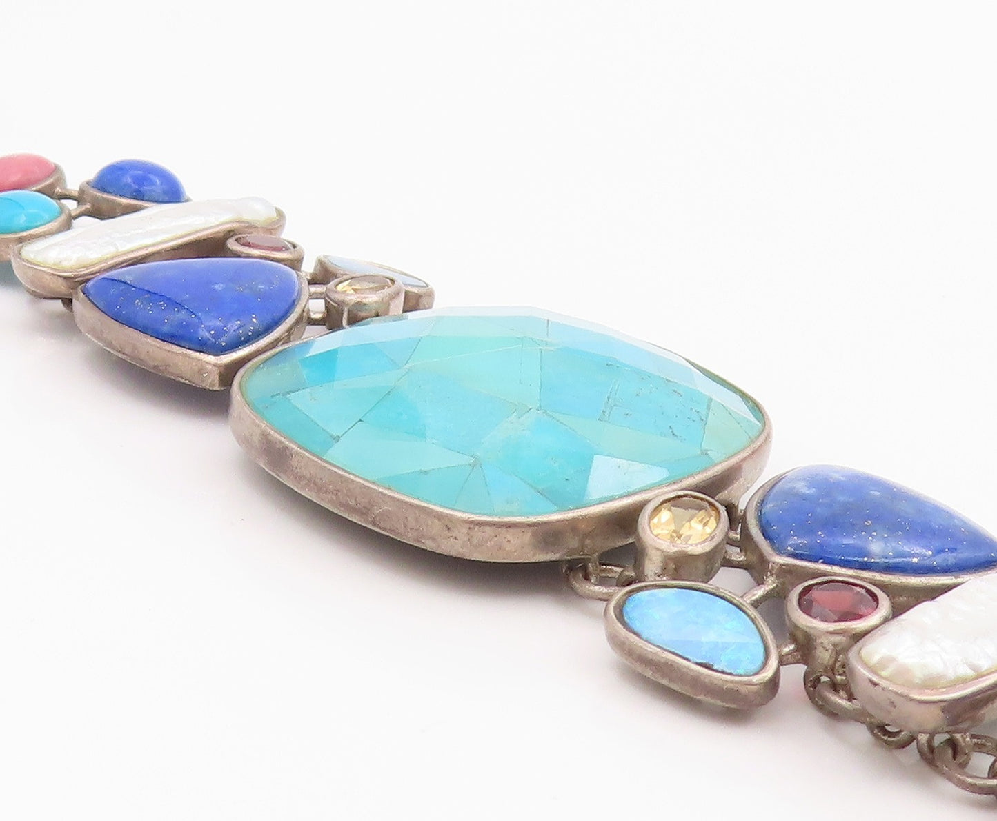 925 Sterling Silver Vintage Bracelet WHITNEY KELLY Multi Gemstone Link  BT11985