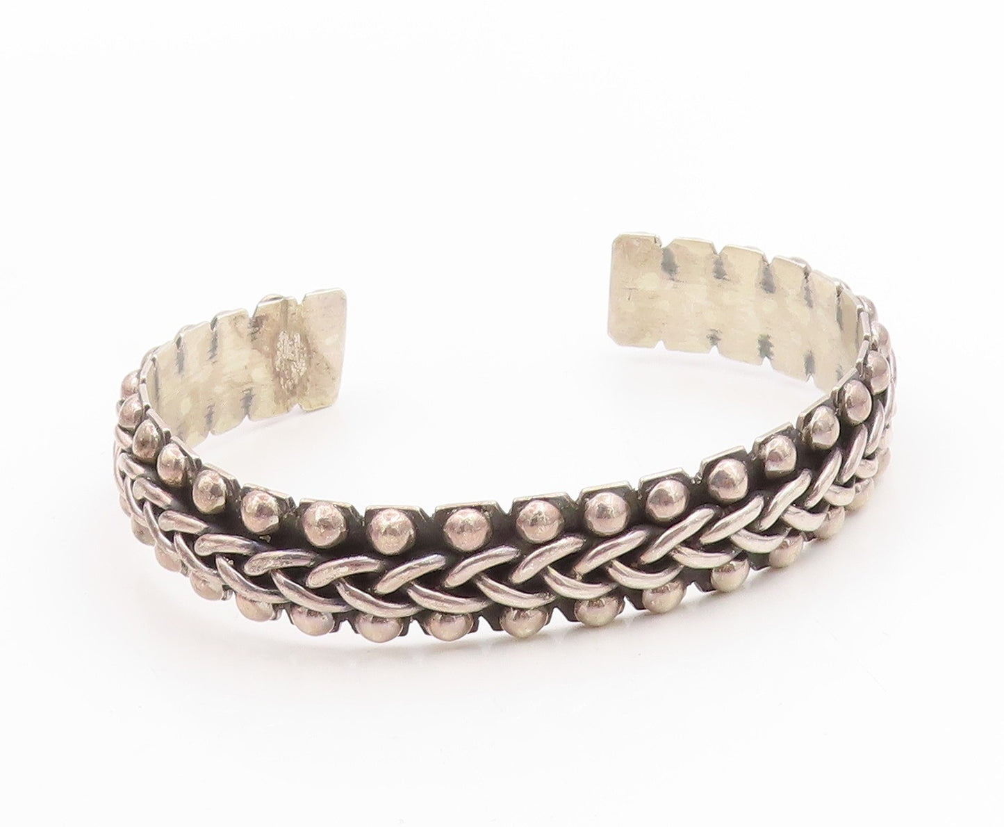 925 Sterling Silver Vintage Bracelet MEXICO Basket Weave & Beaded Cuff  BT11773