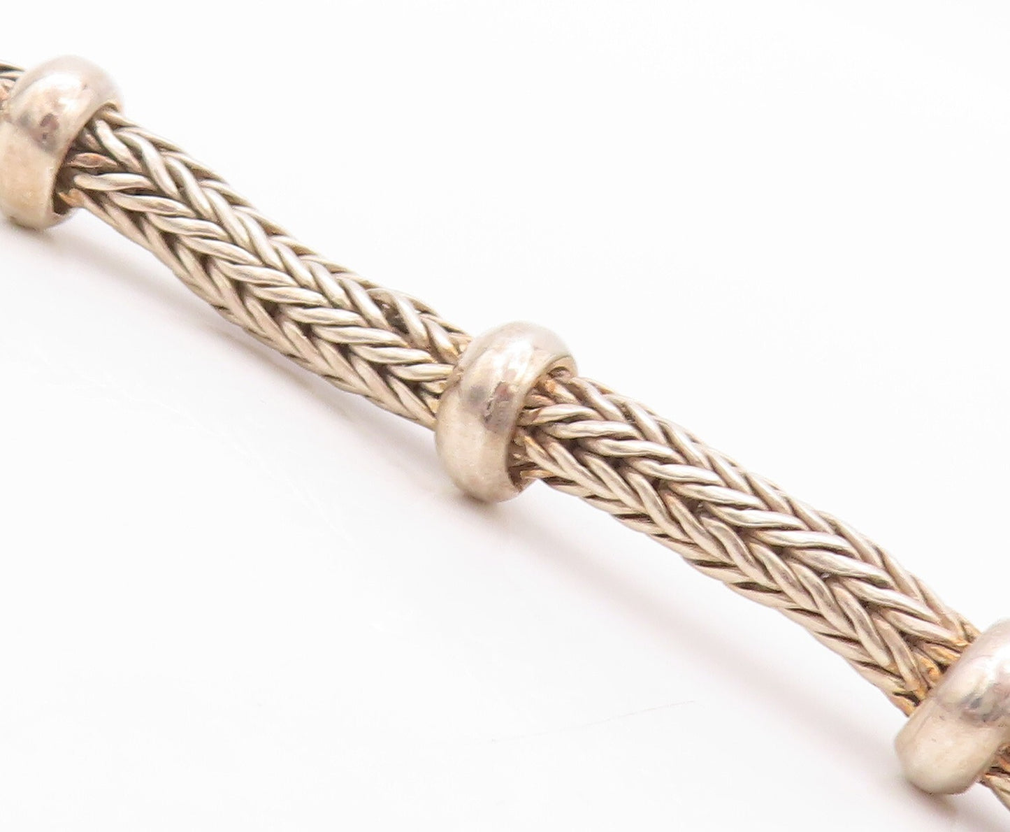 925 Sterling Silver Vintage Necklace BALI Carved Wheat Chain Beaded Rings NE4359