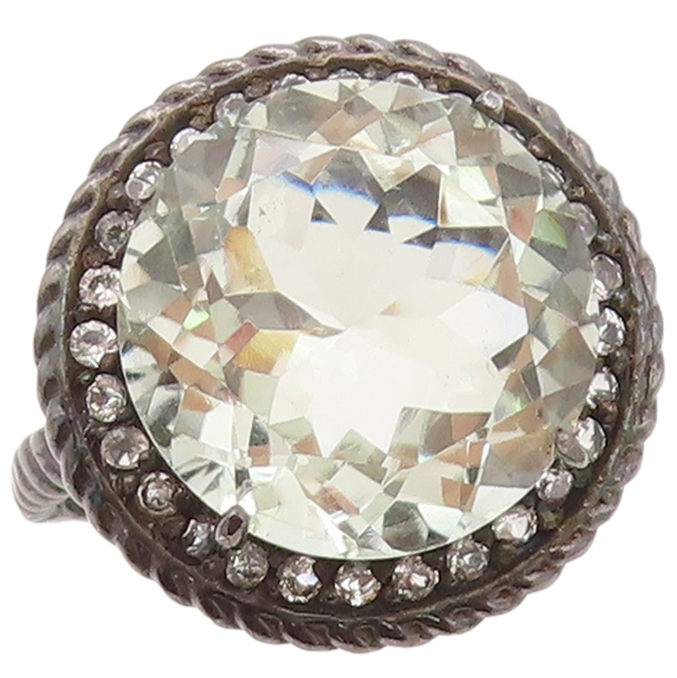 925 Sterling Silver Vintage Ring Twisted Rope Green Amethyst & CZ Sz 7.5 RG30754