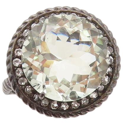 925 Sterling Silver Vintage Ring Twisted Rope Green Amethyst & CZ Sz 7.5 RG30754