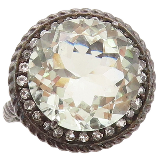 925 Sterling Silver Vintage Ring Twisted Rope Green Amethyst & CZ Sz 7.5 RG30754