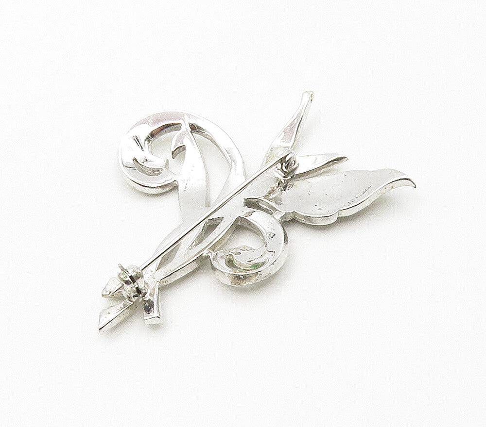 925 Sterling Silver  Vintage Sparkling Floral Swirl Brooch Pin  BP6093