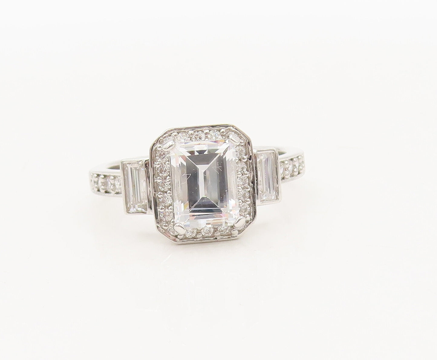 925 Silver Vintage Ring Rectangle Cut CZ Main Stone Halo Inlay CZ Sz 9  RG27592