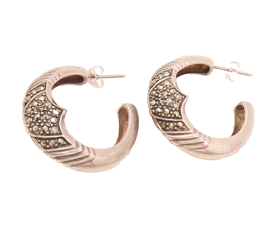 925 Sterling Silver  Vintage Marcasite Etched Open Hoop Earrings  EG12491