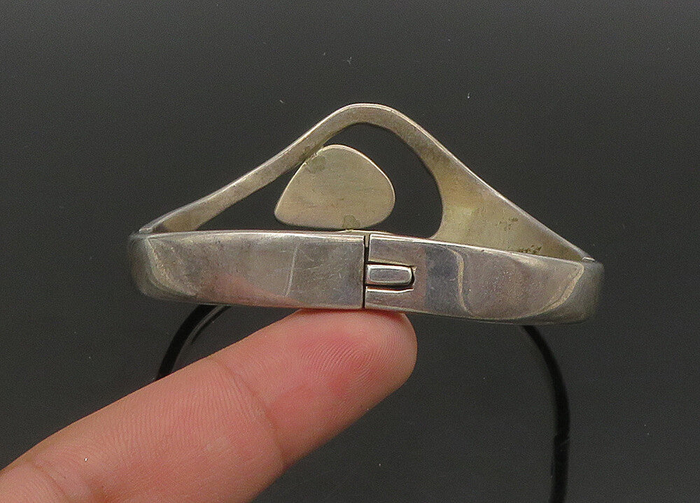 MEXICO 925 Sterling Silver  Vintage Black Onyx Shiny Bangle Bracelet  BT8909
