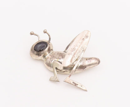 925 Sterling Silver Vintage Brooch Pin MEXICO Onyx Eyed Grass Hopper  BP11010
