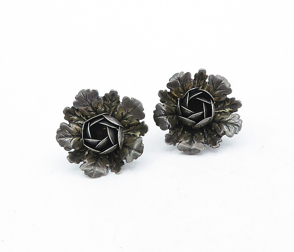 925 Sterling Silver  Vintage Oxidized Flower Motif Non Pierce Earrings  EG2642
