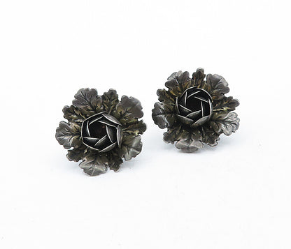 925 Sterling Silver  Vintage Oxidized Flower Motif Non Pierce Earrings  EG2642