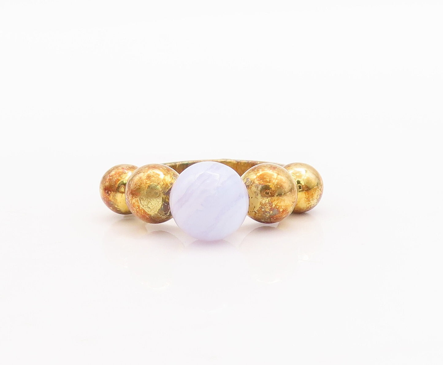 925 Sterling Silver Vintage Ring Gold Plated Bead Carved & Gemstone Sz 7 RG29625