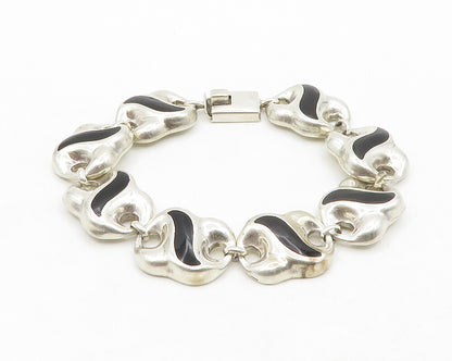 MEXICO 925 Sterling Silver Vintage Black Onyx Shiny Chain Bracelet BT5130
