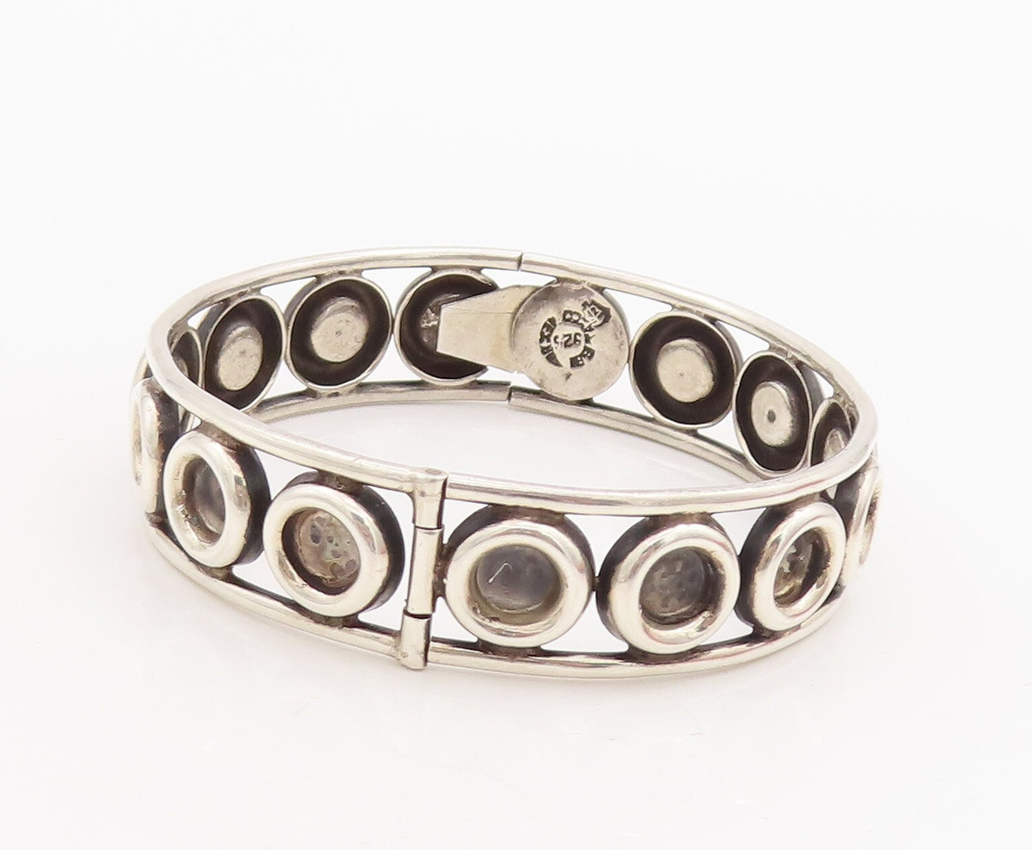 925 Sterling Silver Vintage Bracelet MEXICO Solid Rings Carved Bangle  BT10694