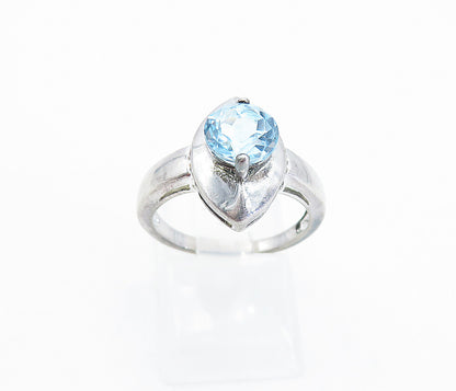 925 Sterling Silver  Blue Topaz Shiny Pointed Oval Cocktail Ring Sz 6  RG6770