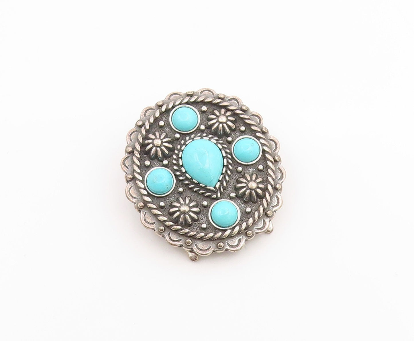 925 Sterling Silver Vintage Pendant CAROL FELLY Turquoise Concho Motif  PT26083