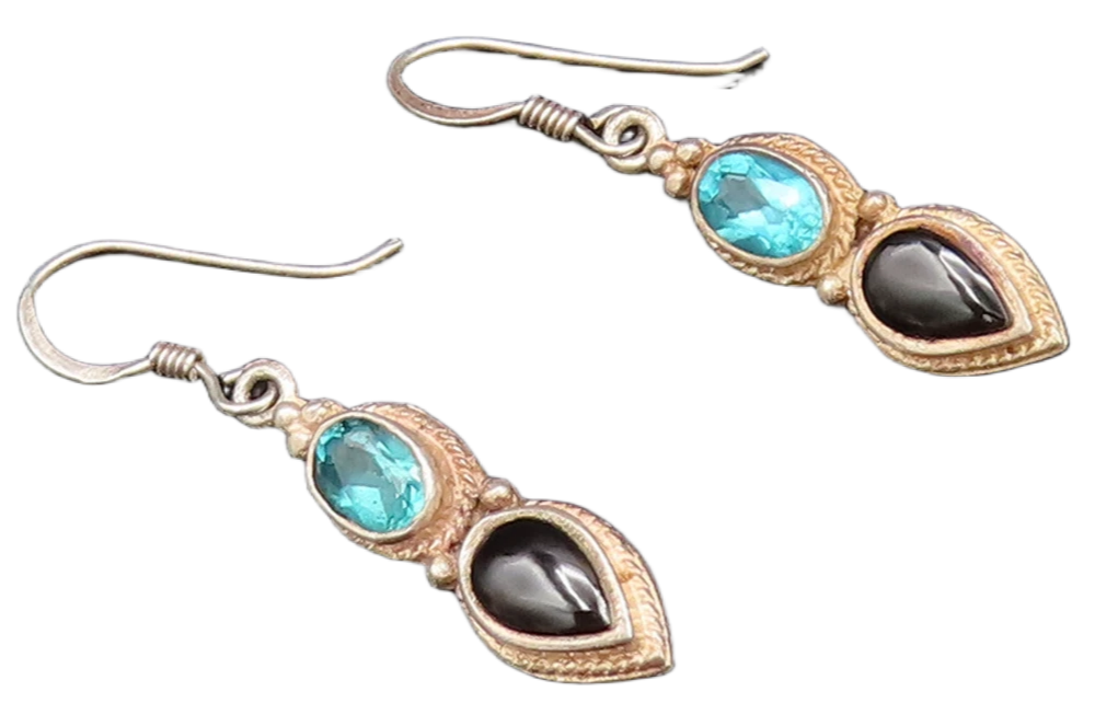 925 Silver  Vintage Oval Blue Topaz & Pear Shaped Onyx Drop Earrings  EG12224