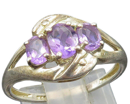 925 Silver  Vintage Oval Amethyst Three Stone Split Shank Ring Sz 6  RG24247