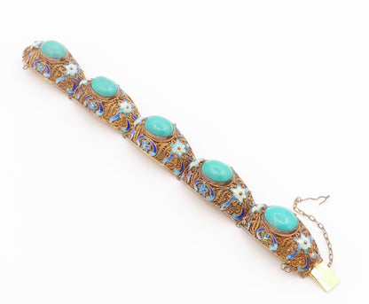 925 Sterling Silver Vintage Bracelet CHINESE EXPORT Turquoise Filigree  BT12192