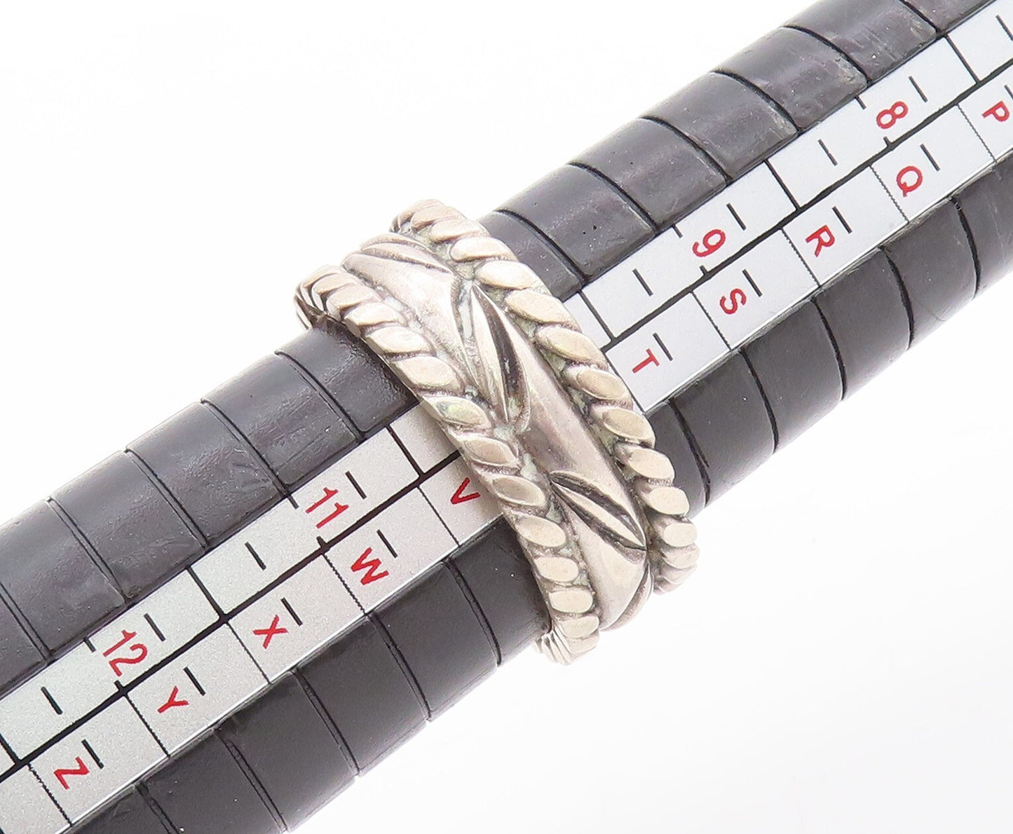 925 Sterling Silver Vintage Ring Solid Bordered Etched Leaves   Sz 10  RG28909