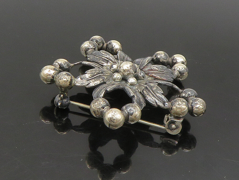 NE FROM DENMARK 925 Silver  Vintage Open Floral Leaves Bead Brooch Pin  BP9444