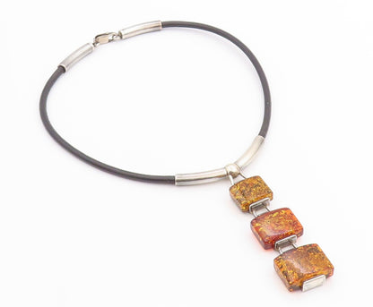 925 Sterling Silver Vintage Necklace Square Cabochon Drop Honey Amber  NE4599