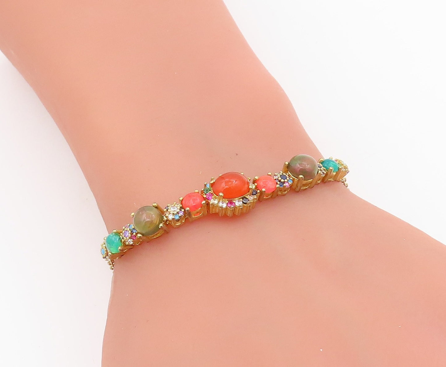 925 Sterling Silver Vintage Bracelet Gold Plated Multi Gemstone Medley  BT11528
