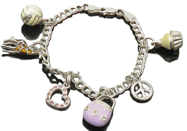 925 Sterling Silver  Vintage Topaz & Enamel Charmed Chain Bracelet  BT8479