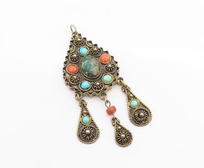 925 Sterling Silver Vintage Pendant Gold Plated Turquoise & Gemstones  PT24605