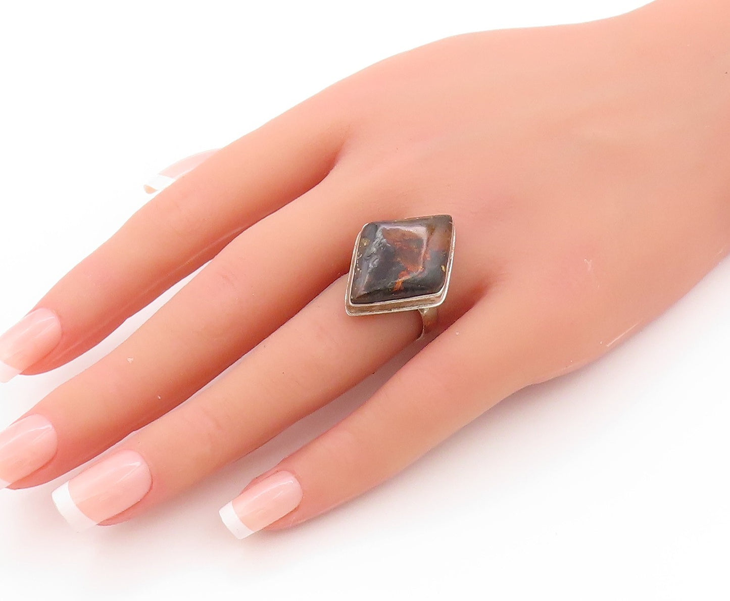 925 Sterling Silver Vintage Ring Diamond Shape Cabochon Amber  Sz 6.5  RG32981