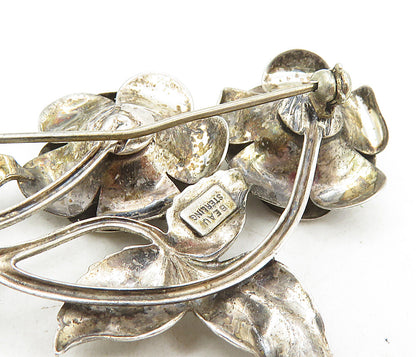 BEAU 925 Sterling Silver  Vintage Sculpted Rose Flowers Brooch Pin  BP3411