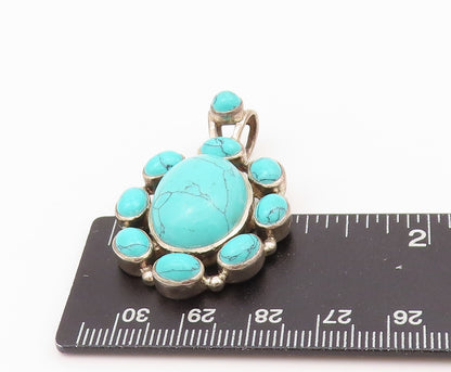 925 Sterling Silver Vintage Pendant Oval Cabochon Turquoise Flower  PT24312