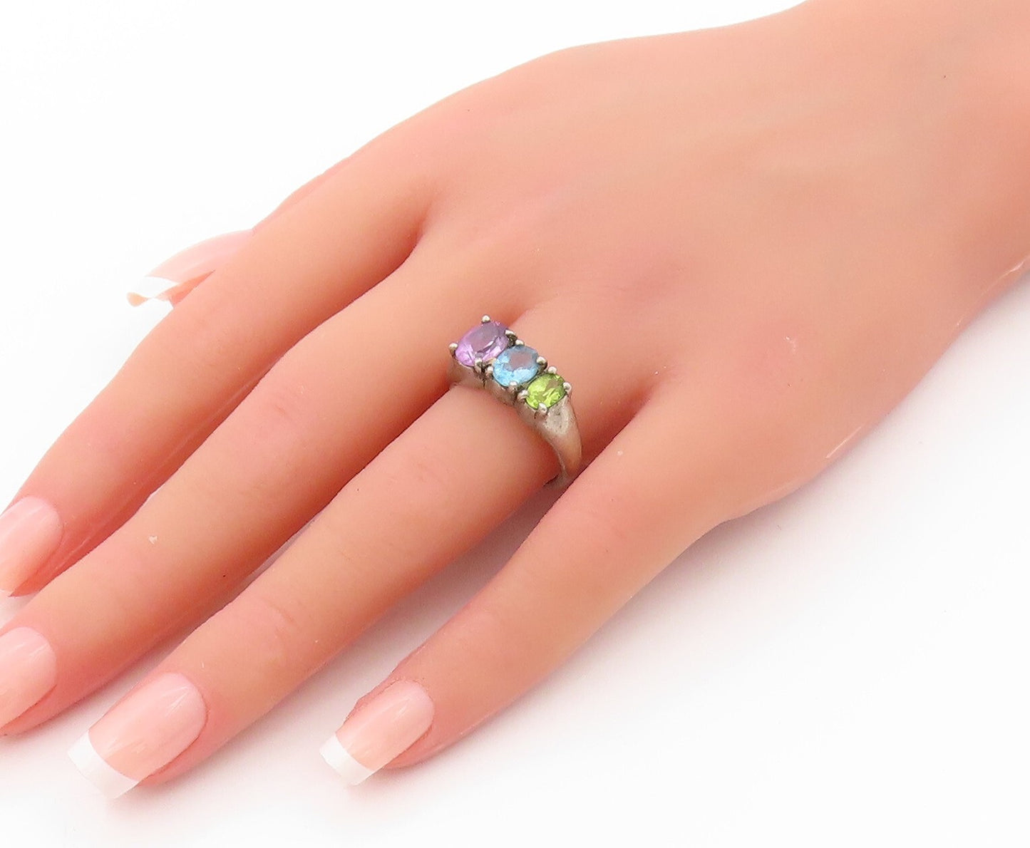 925 Sterling Silver Vintage Ring KABANA Oval Amethyst CZ Peridot  SZ 8  RG31965