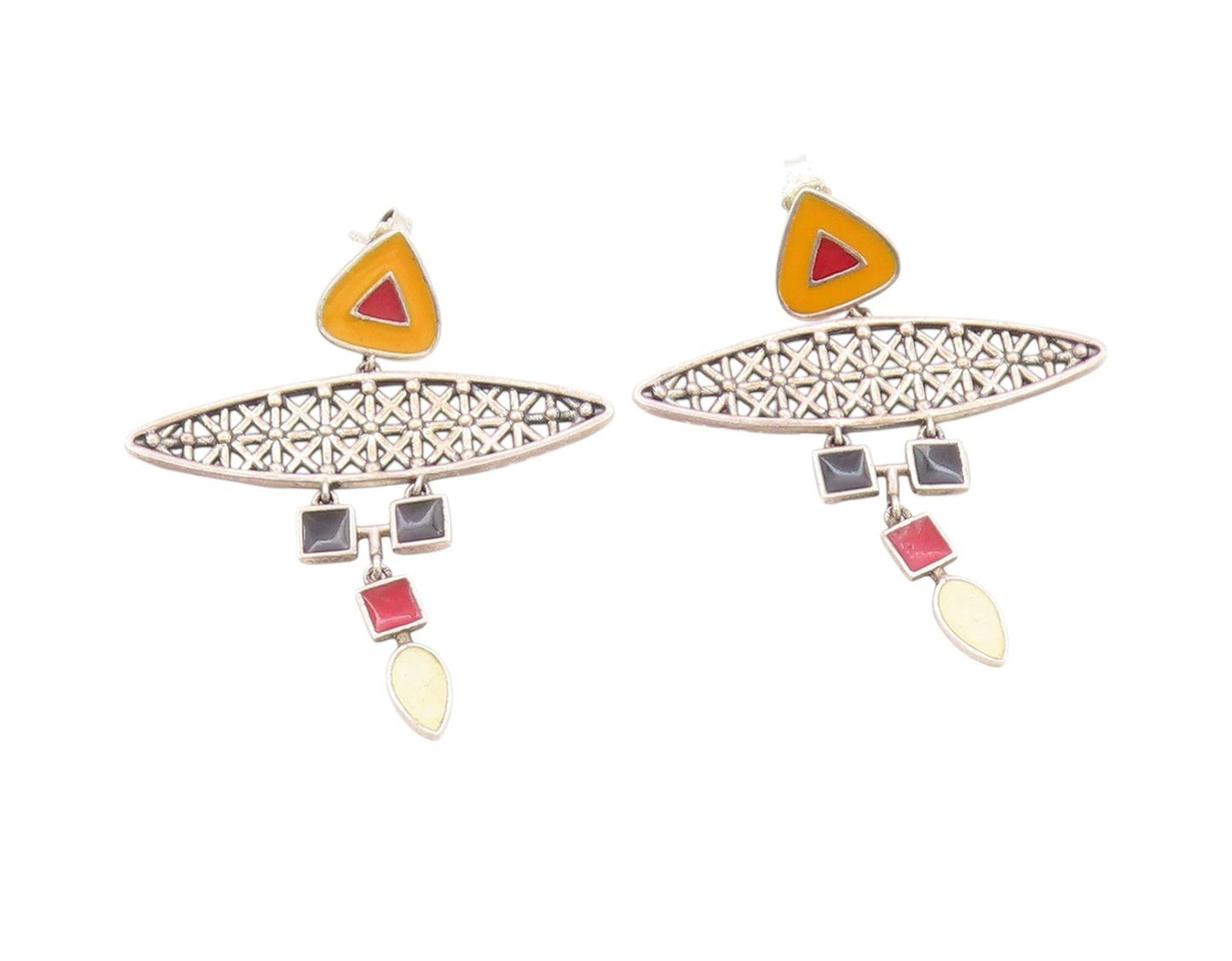925 Sterling Silver Vintage Earrings Enameled Geometric Design Cut  EG13659
