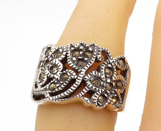 925 Sterling Silver  Vintage Marcasite Decorated Floral Band Ring Sz 7  RG8121