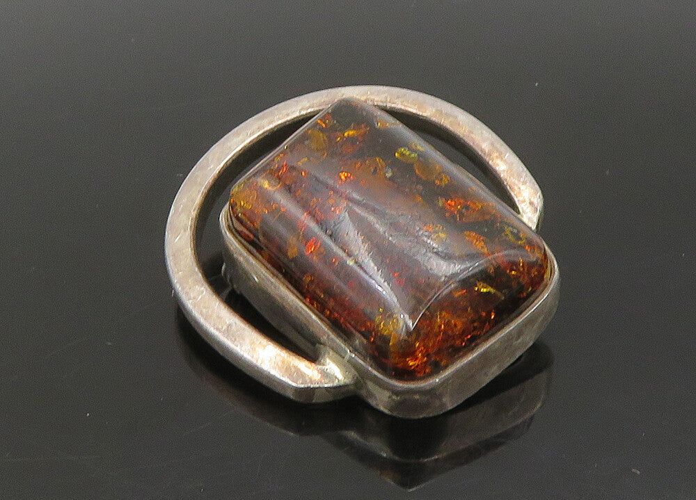 925 Sterling Silver  Vintage Amber Modernist Smooth Brooch Pin  BP8974