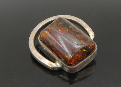 925 Sterling Silver  Vintage Amber Modernist Smooth Brooch Pin  BP8974