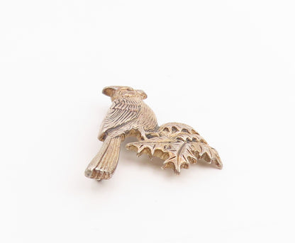 925 Sterling Silver Vintage Brooch Etched Cardinal Bird Holly Leaf Pin  BP11981