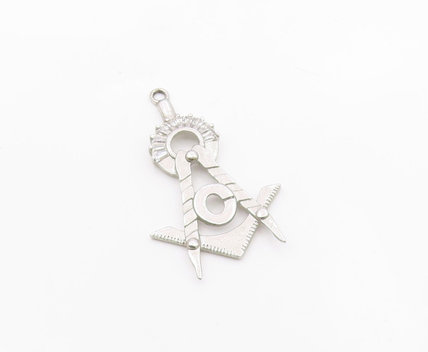 925 Silver  Vintage Cubic Zirconia Masonry Square & Compass Pendant  PT18346