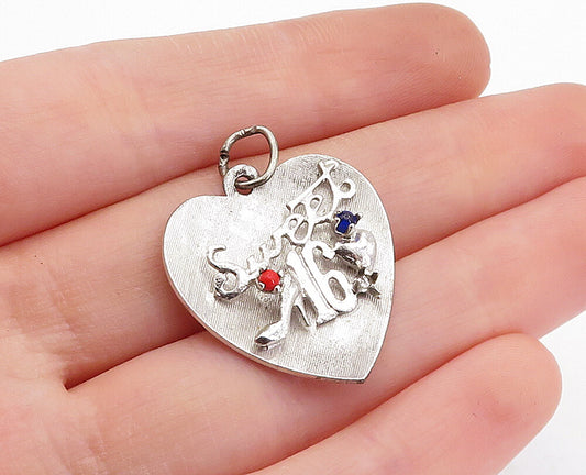 925 Sterling Silver  Vintage Coral & Topaz Sweet 16 Heart Drop Pendant  PT2671