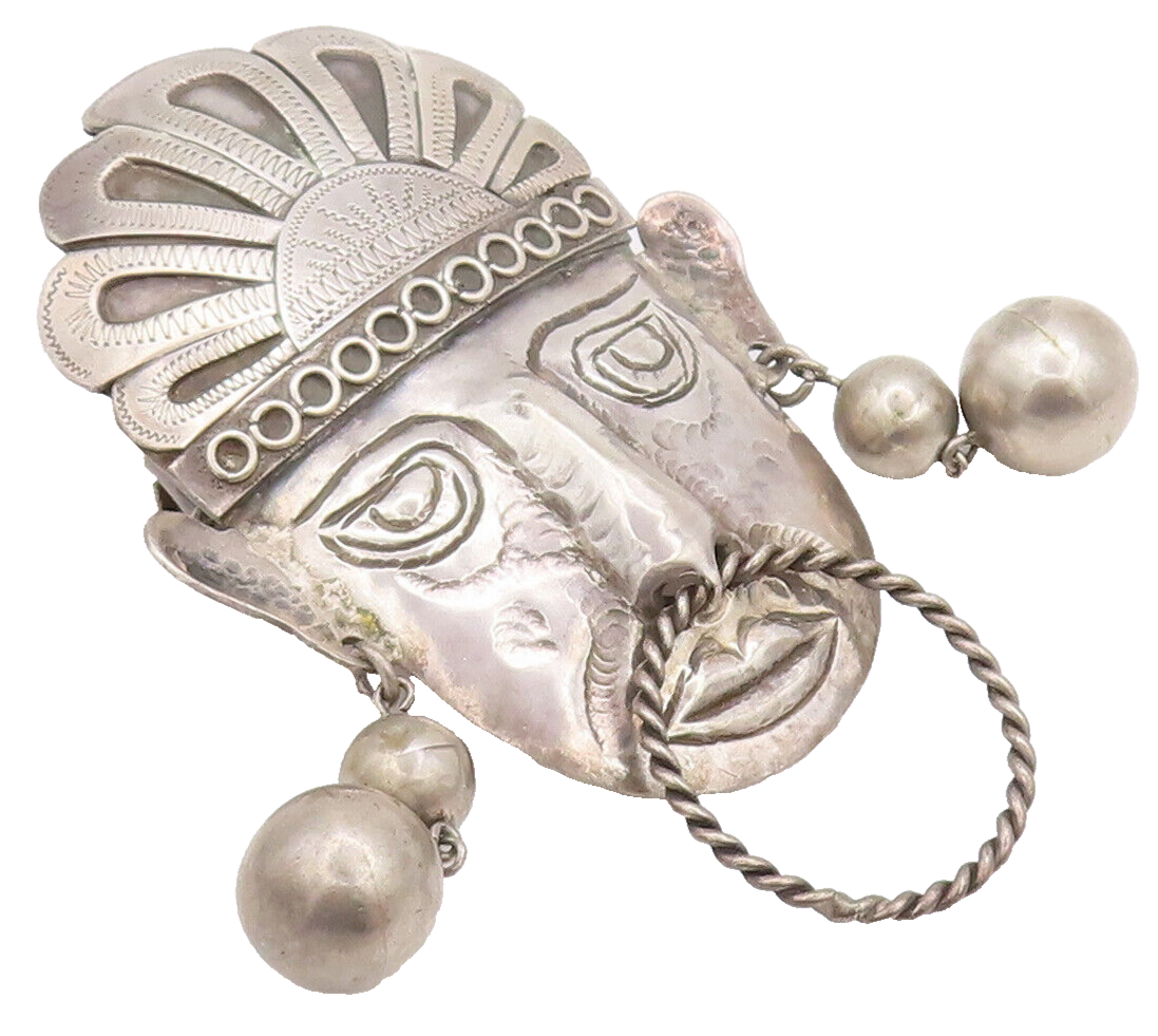 925 Sterling Silver  Vintage Antique Large Aztec Warrior Brooch Pin  BP10532