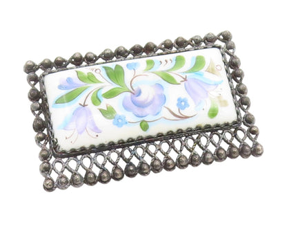 925 Sterling Silver Vintage Brooch Pin Antique Enamel Bellflower Blossom BP12397