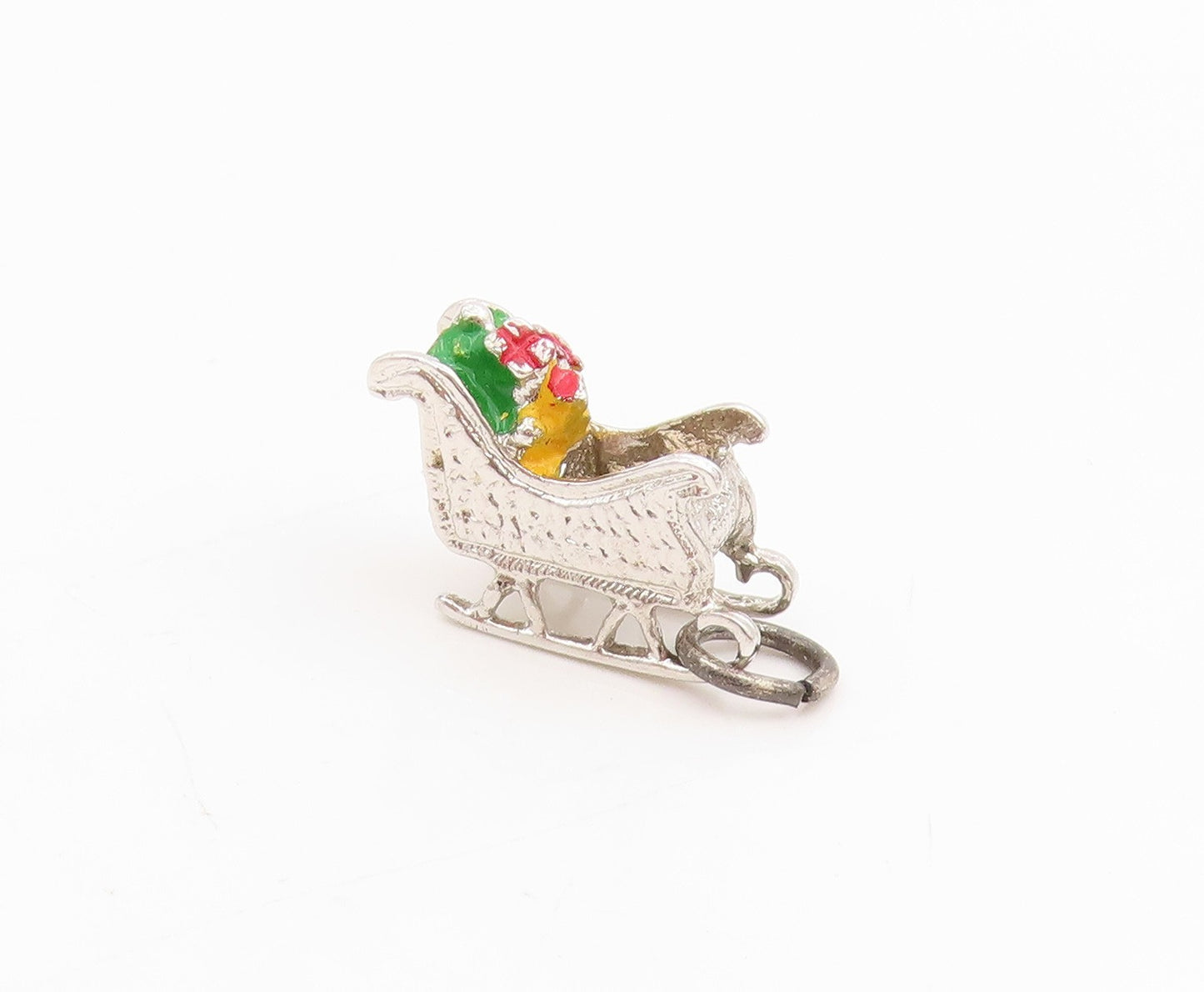 925 Sterling Silver Vintage Pendant Enameled Christmas Sleigh Charm  PT25456