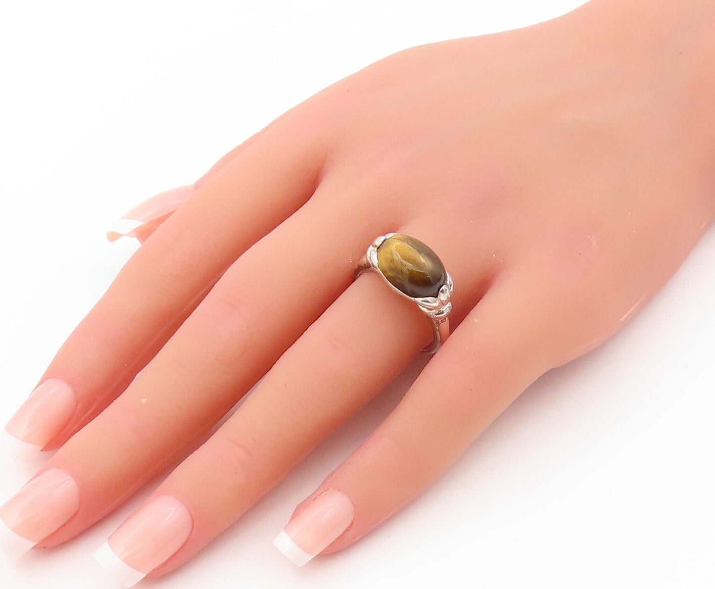 925 Sterling Silver Vintage Ring Designer Cabochon Tiger's Eye  SZ 8  RG31984