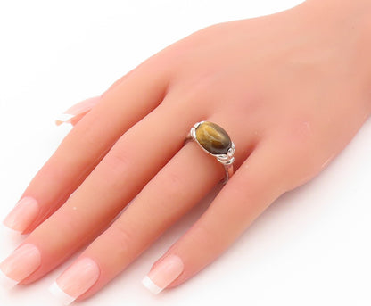 925 Sterling Silver Vintage Ring Designer Cabochon Tiger's Eye  SZ 8  RG31984