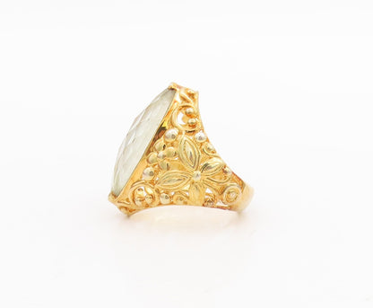 925 Sterling Silver Vintage Ring Gold Plated Floral Green Amethyst Sz 7  RG29036