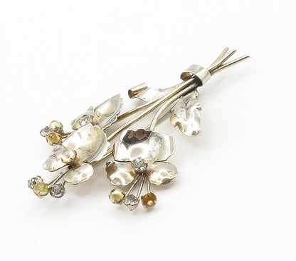 925 Sterling Silver  Vintage Topaz Shiny Flower Bouquet Brooch Pin  BP5834