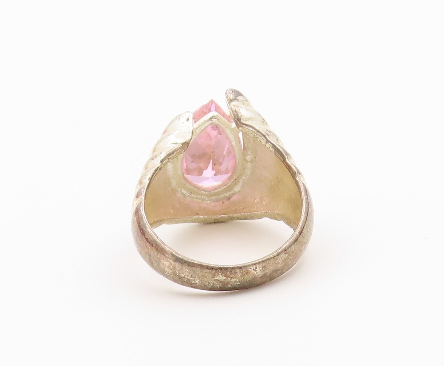 925 Sterling Silver Vintage Ring Pink Topaz Ribbed Statement Band Sz 7.5 RG36568