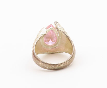 925 Sterling Silver Vintage Ring Pink Topaz Ribbed Statement Band Sz 7.5 RG36568