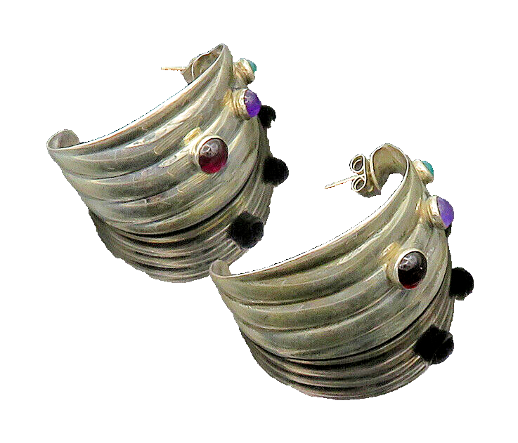 MEXICO 925 Silver  Vintage Garnet Amethyst & Carnelian Hoop Earrings  EG10020
