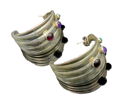 MEXICO 925 Silver  Vintage Garnet Amethyst & Carnelian Hoop Earrings  EG10020